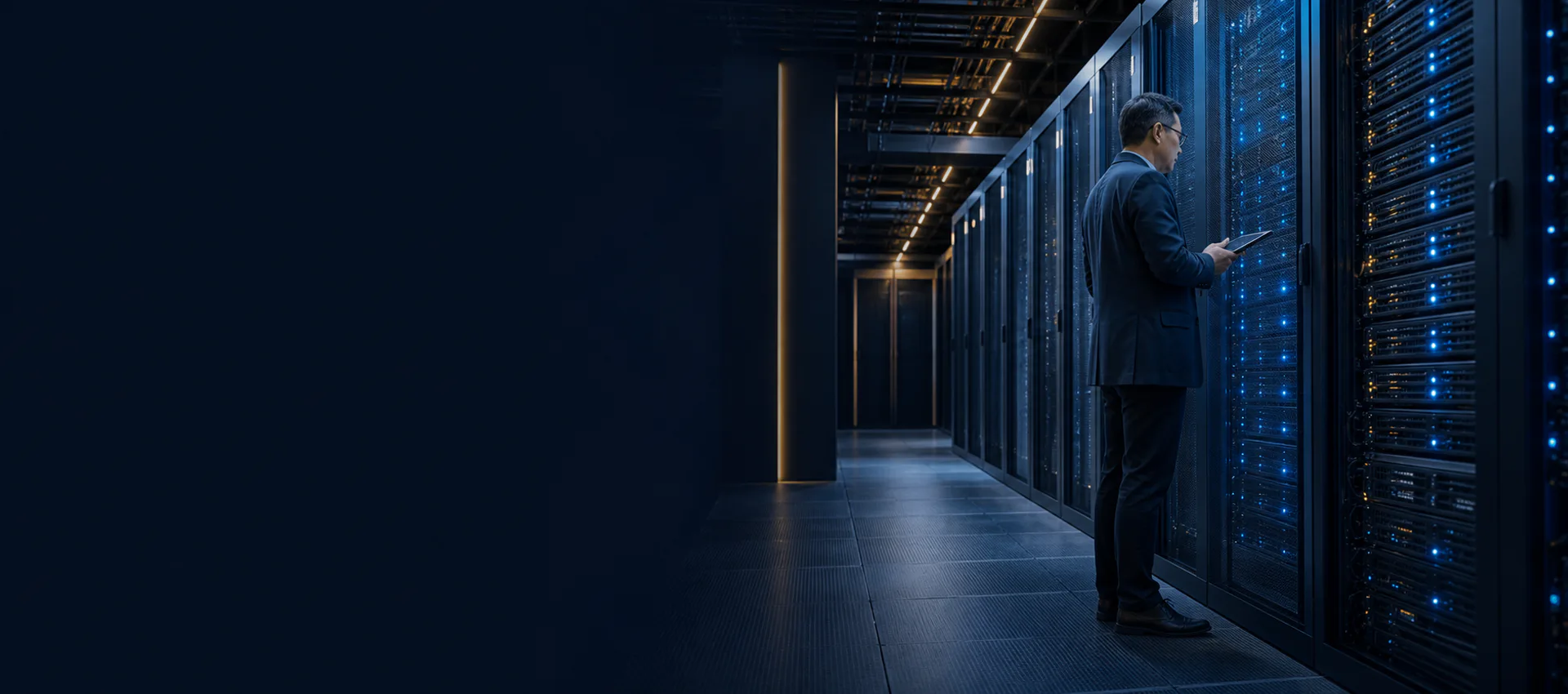 工程师在现代数据中心执行企业服务器与基础设施运维
